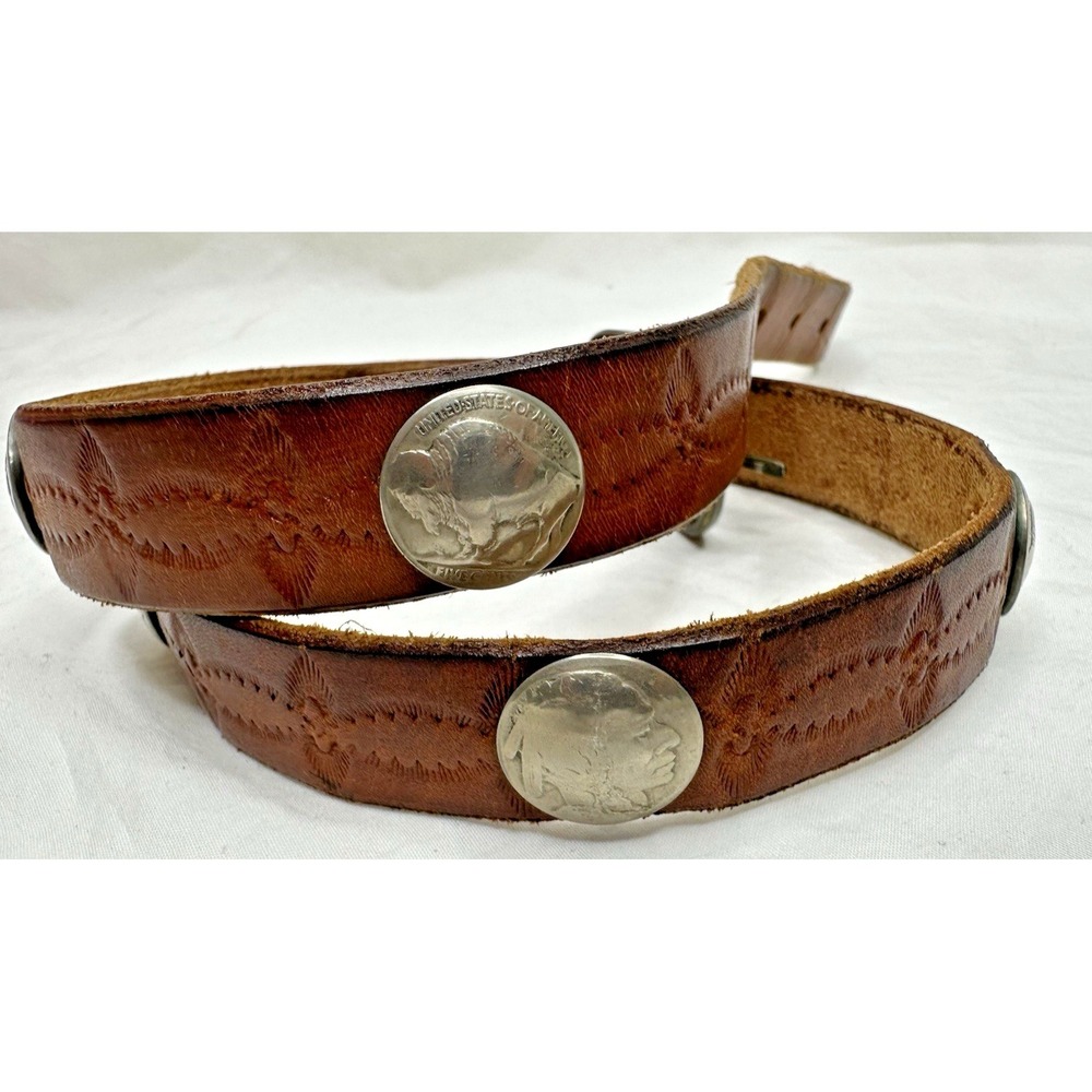 Buffalo Head Nickel Youth Belt‎ 28 Handcrafted Brown Leather Tooled Western Vtg